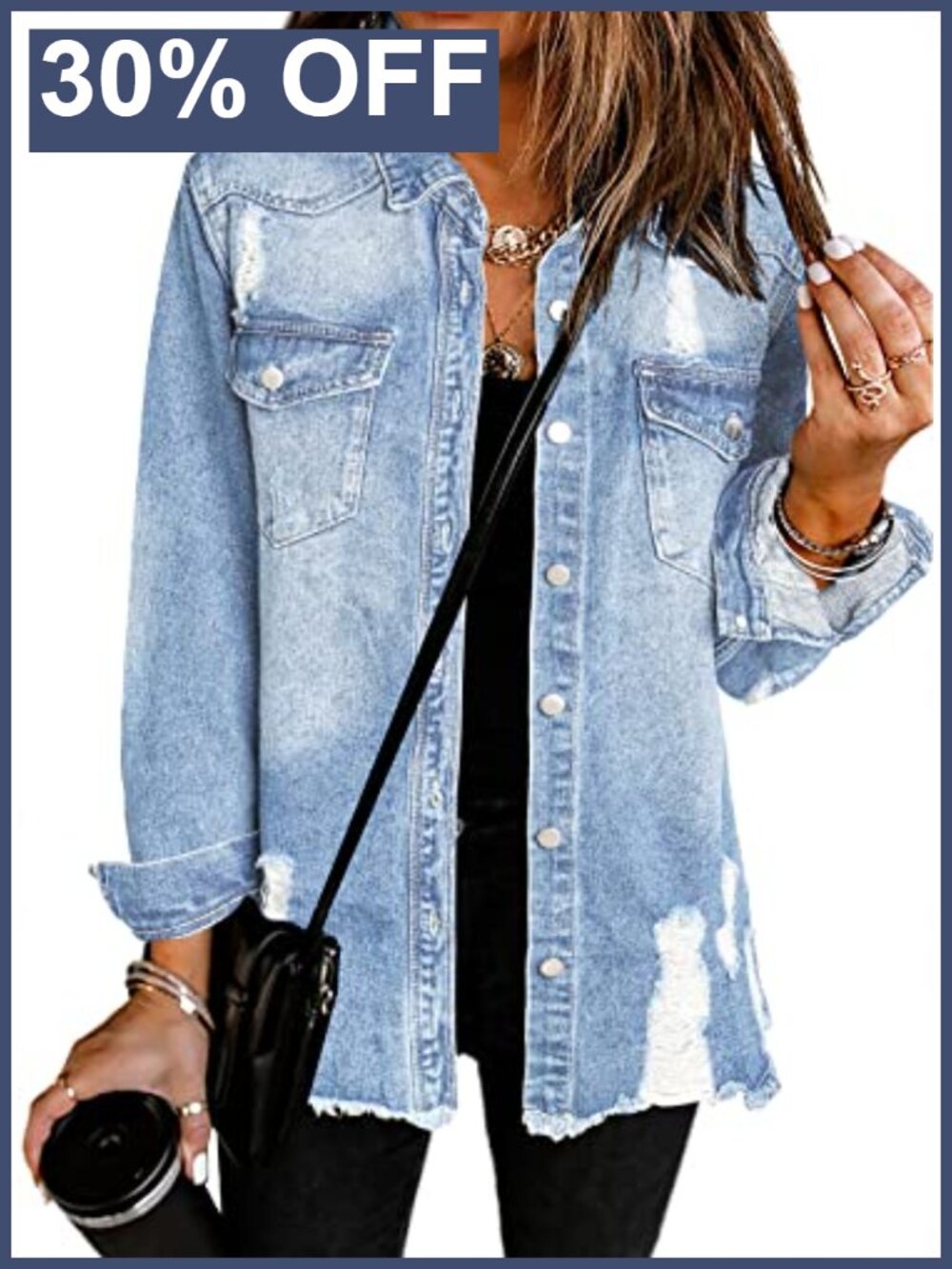 Oversized Boyfriend Denim Jacket Button Down Distressed Cotton Blend